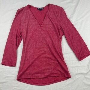 INC International Concepts Shimmery Red V-Neck 3/4 Sleeve Top